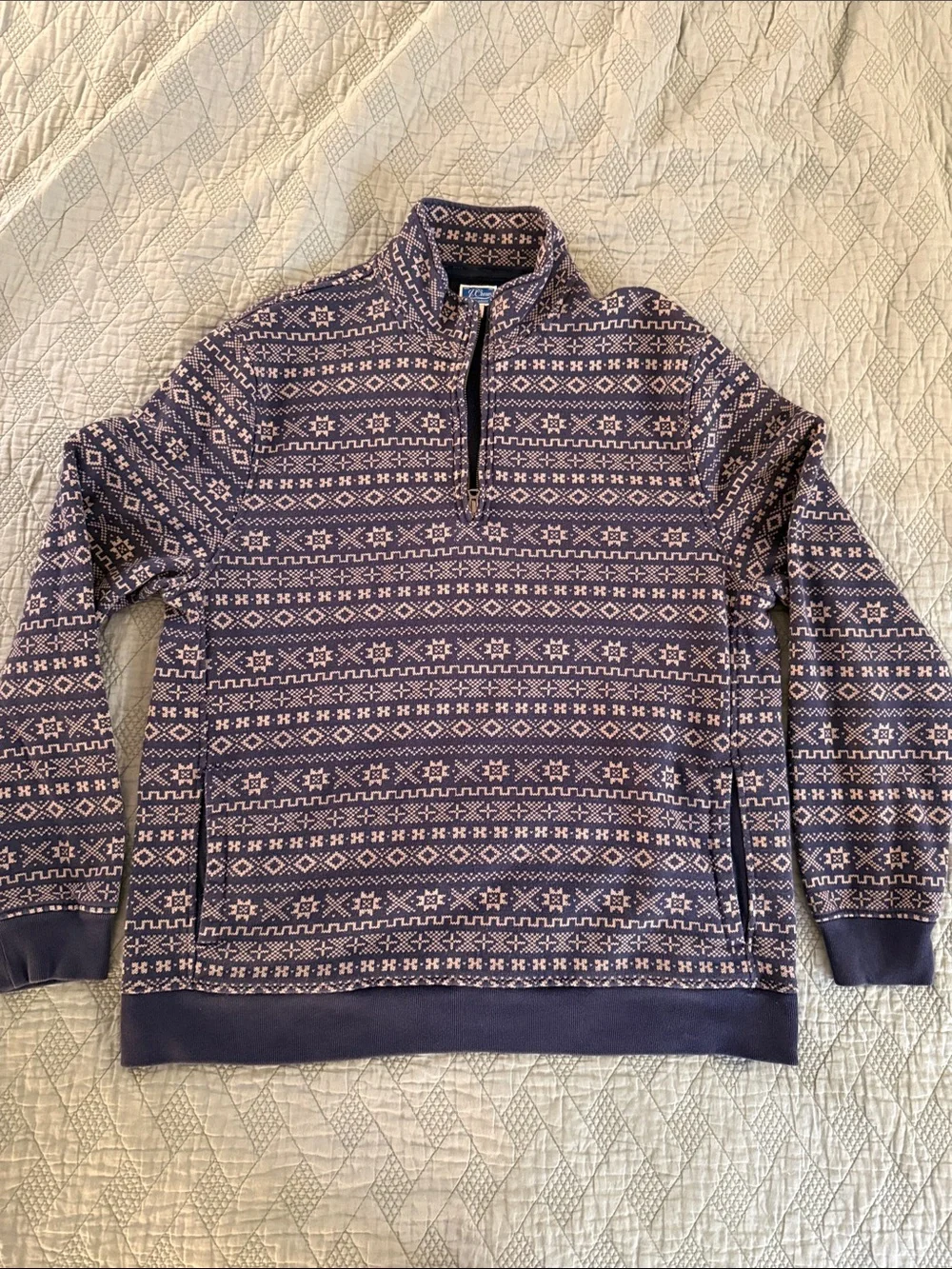 J. Crew Navy and Tan Patterned Quarter-Zip Pullover